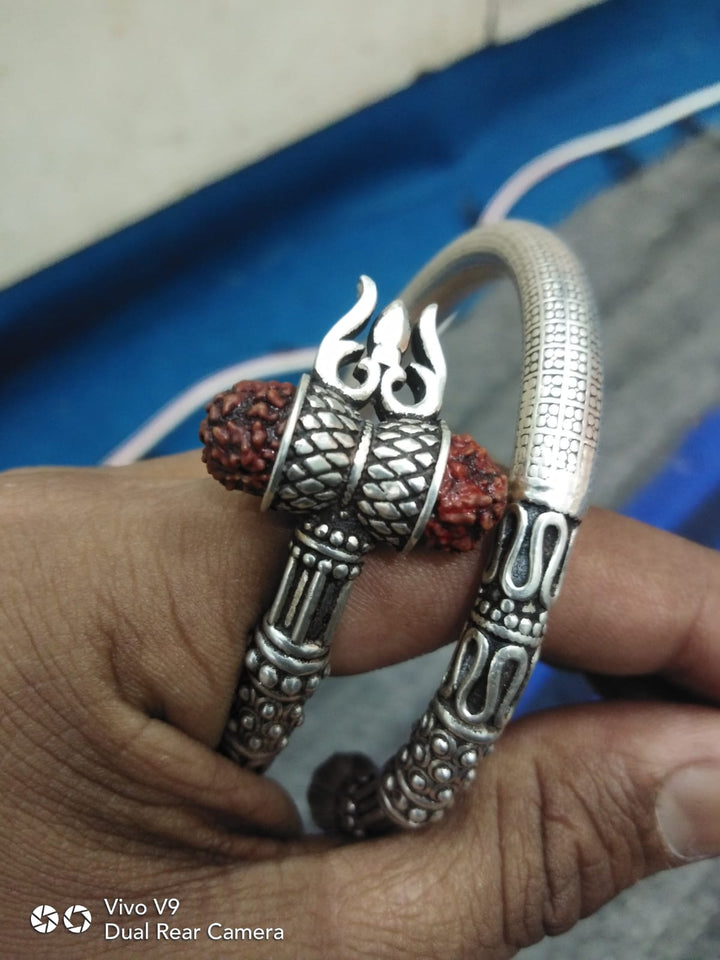 Oxidised Silver Rudraksha Bracelet With Trident (for men)